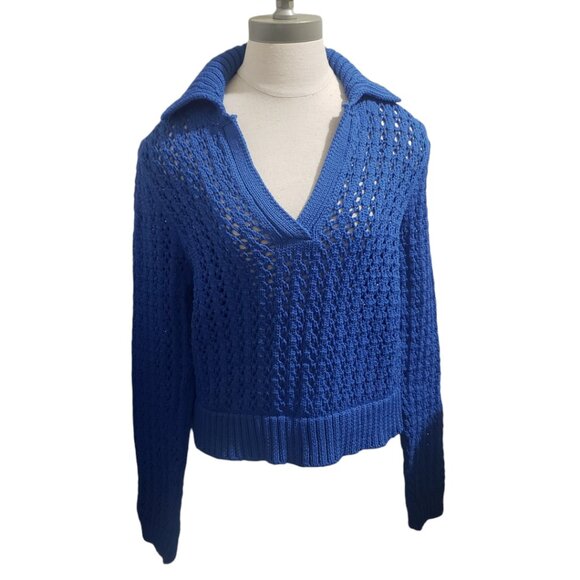 Mango Sweaters - CT1948 MNG Mango Blue open Stitch Cropped Long Sleeve Sweater L